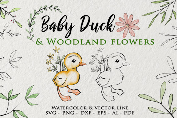 Baby Duck Watercolor Woodland Flower Graphics for Crafts