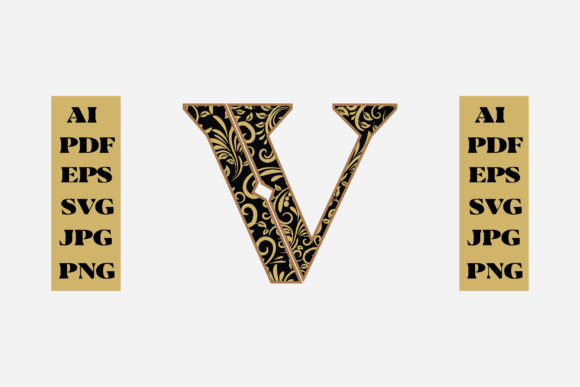 Floral Alphabet Gold Letter - V Graphics for Crafts
