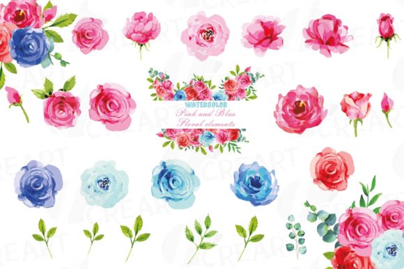 Watercolor Pink and Blue Roses Clip Art for Graphics & Print Templates